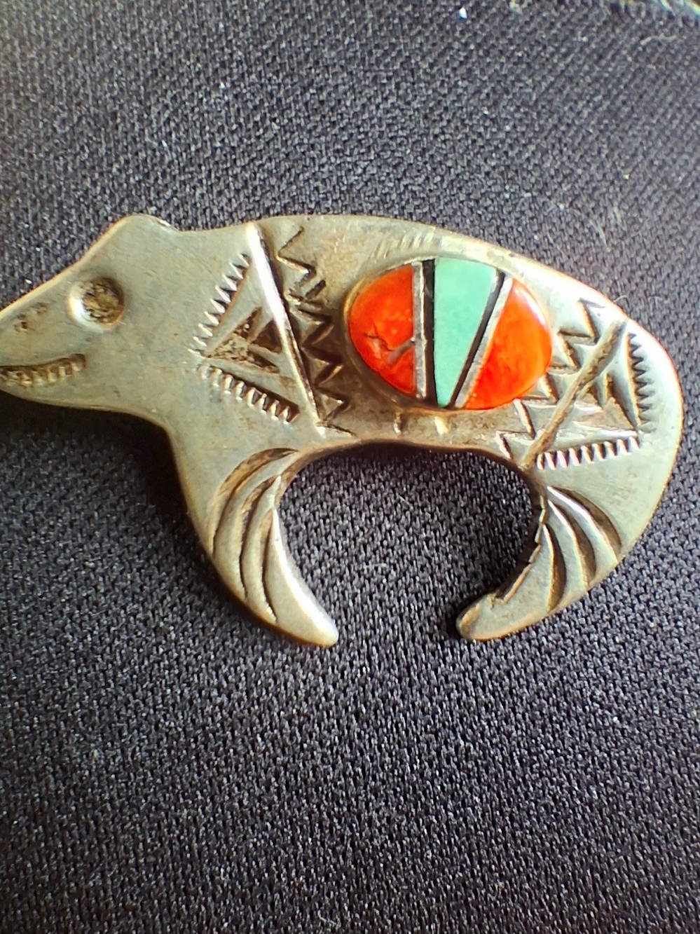 Bear-Shaped Silver-Tone Brooch with Red and Turquoise Inlay